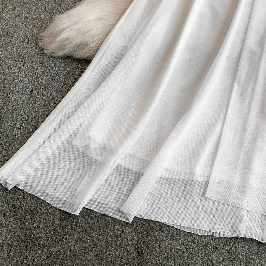 Celebrities Metal Buckle Square Collar with Chest Pad Dress Women's High-end Lace Splicing Mesh Yarn Streamer Elegant Long Dress