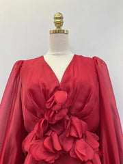 Women Spring Summer Dress Runway Fashion V-Neck 3D Appliques Backless Long Sleeve White Apricot Elegant Party Holiday