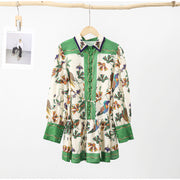 High Quality Single Breasted Long Flare Sleeve Loose Flower Print Pleated Mini Dress
