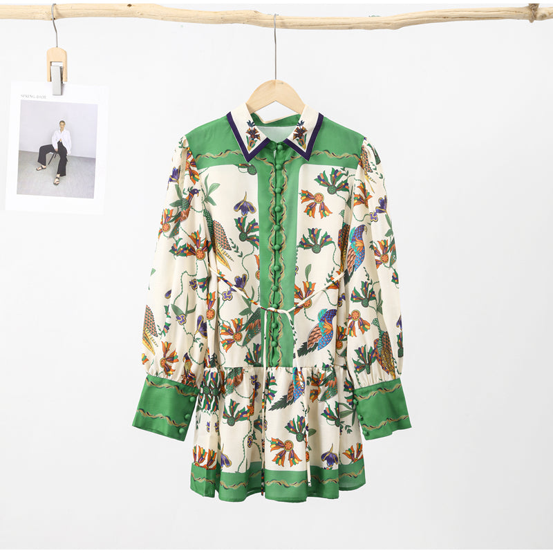 High Quality Single Breasted Long Flare Sleeve Loose Flower Print Pleated Mini Dress