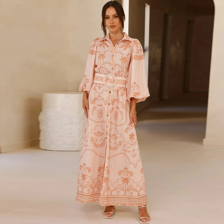 Women Shirt Collar Vintage Floral Print Puff Sleeve Single Breasted Spring Summer Long A Line Cotton Linen Dress