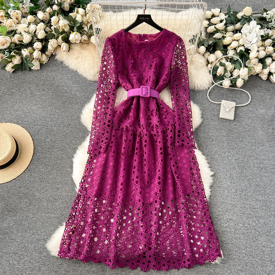 High Quality Slim Belt Long Sleeve Round Neck Lace Long Dress