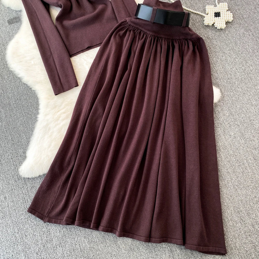 Women Elegant Office Two Piece Sets Autumn Winter Long Sleeved Standing Neck Sweater Top High Waist Slim A-line Long Skirt Suits