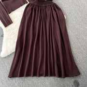 Women Elegant Office Two Piece Sets Autumn Winter Long Sleeved Standing Neck Sweater Top High Waist Slim A-line Long Skirt Suits
