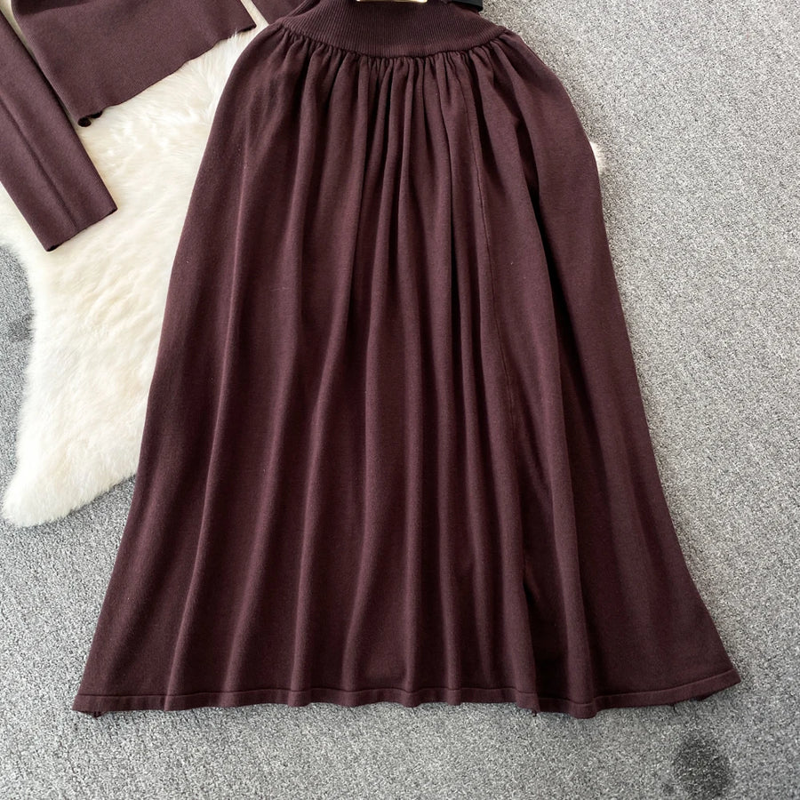 Women Elegant Office Two Piece Sets Autumn Winter Long Sleeved Standing Neck Sweater Top High Waist Slim A-line Long Skirt Suits