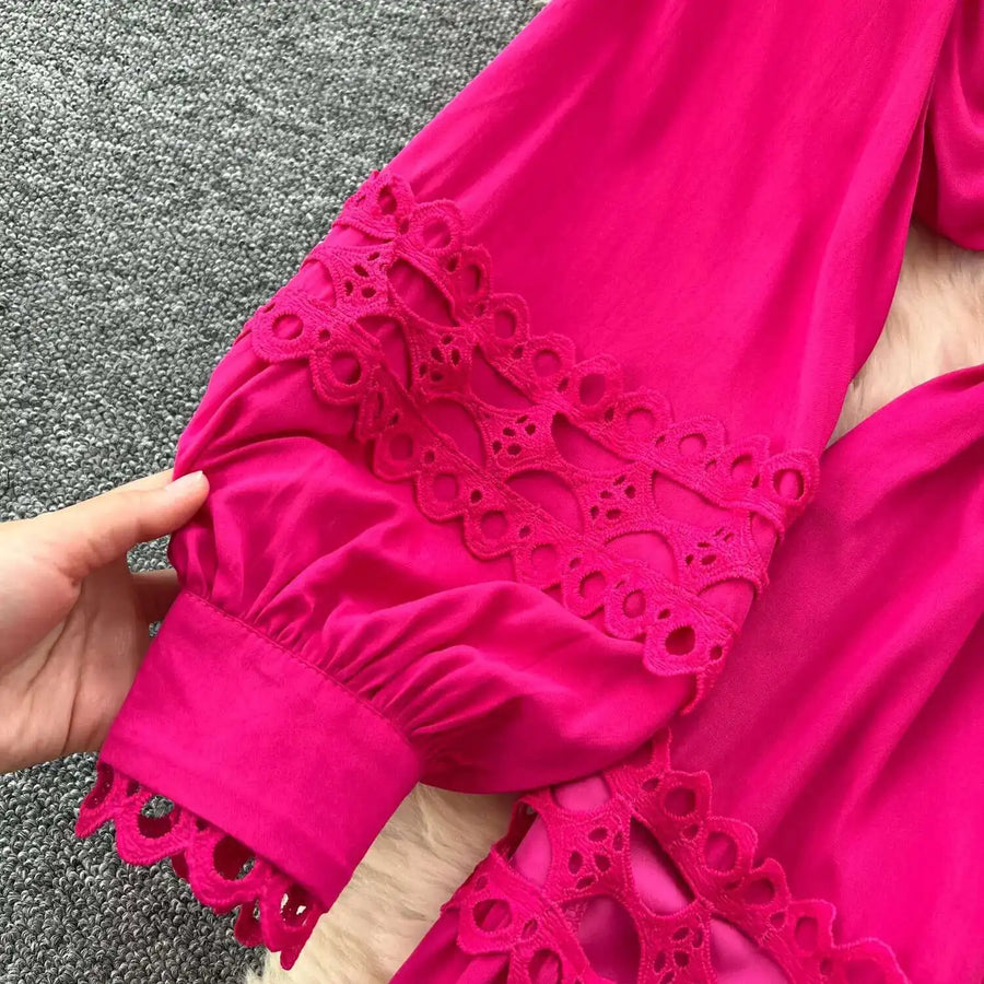 Elegant retro style slit maxi dress with pearl buttons and high-quality crochet embroidery