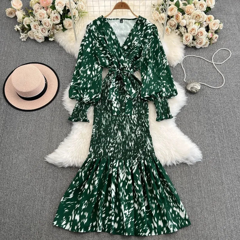 Retro Sweet V Neck Slim Lace -up Print Autumn Summer Elegant Elastic Dress A-line Long Sleeve Vacation Women Mermaid Dresses