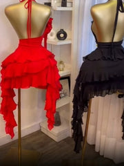 High-quality halterneck, backless, tiered ruffle mini dress