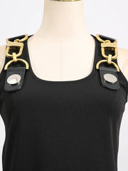 Square neck, sleeveless, patchwork top with high quality metal buckle