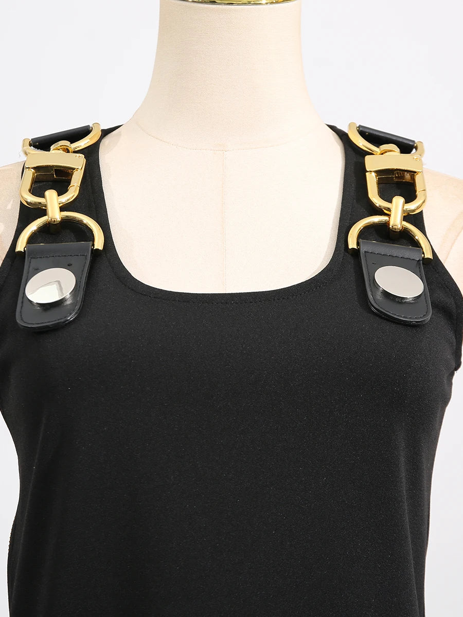 Square neck, sleeveless, patchwork top with high quality metal buckle