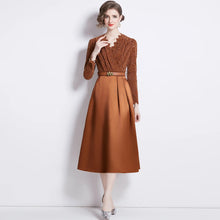 High Quality Vintage Elegant Fleece Lace Stitching Satin Belted V Neck Long Dress