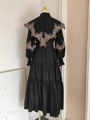 High Quality Gold Flower Embroidery Patchwork Black White Cotton Dress