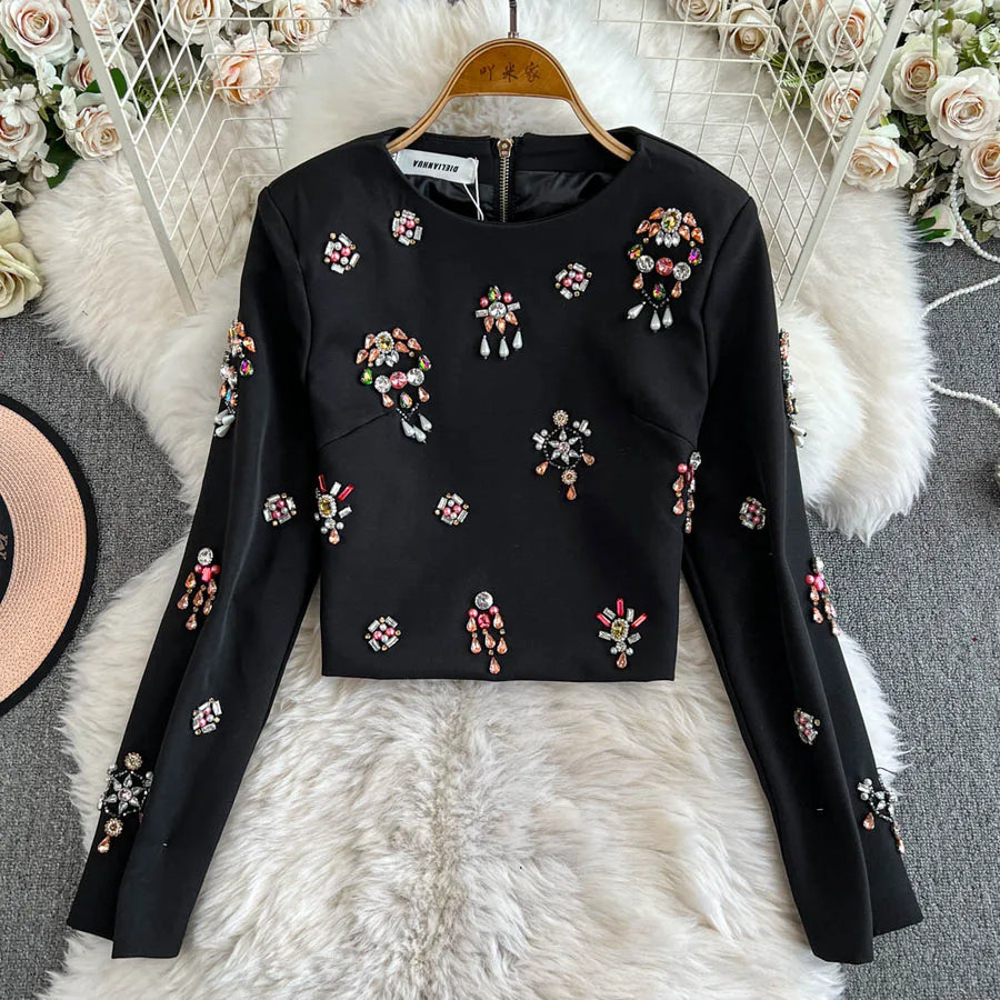 Luxury Style Two Piece Set For Women O Neck Long Sleeve Topa High Waist Skinny A Line Skirt Set Female