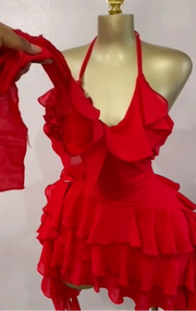 High-quality halterneck, backless, tiered ruffle mini dress