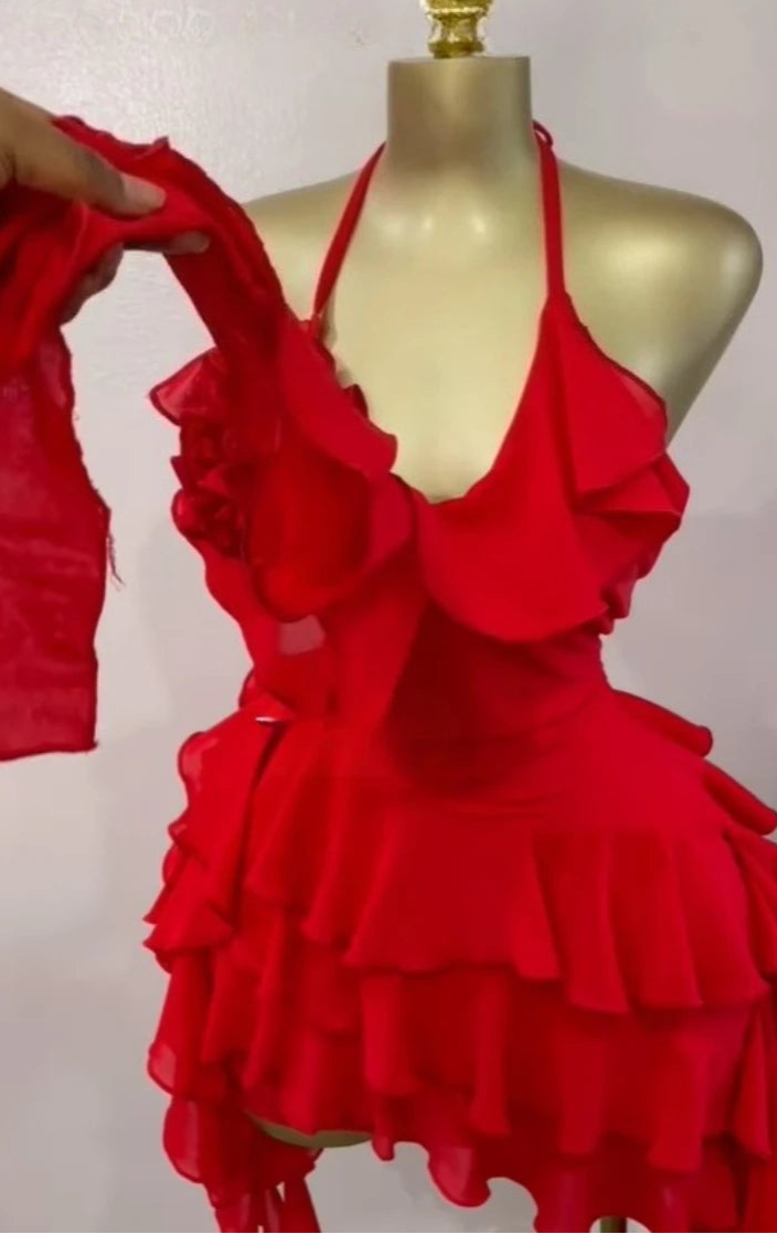 High-quality halterneck, backless, tiered ruffle mini dress