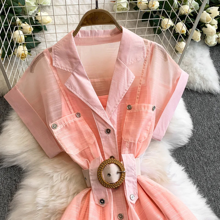 Summer Women Printed Long Dress Beach Vacation Notched Collar Single Breasted Short Sleeve A-Line Maxi Vestidos Female Robe