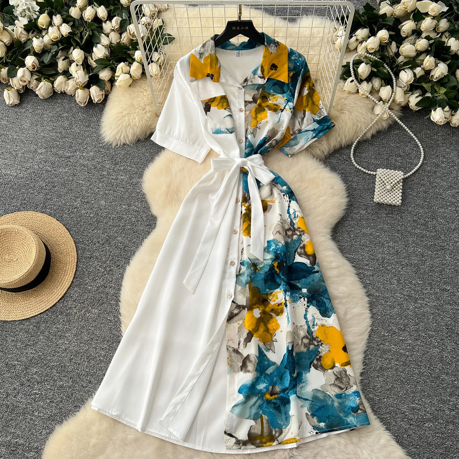 Chic Single Breasted Spliced Elegant Korean Fashion Fairy Sexy High Waist Vestidos Summer High Street Women Vacation