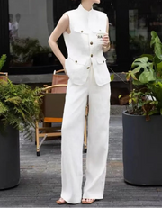 Summer Womens Sleeveless Linen Sets Stand Collar Fashion Office Lady Two Piece Vest Set Thin Full Length Wide Leg Pant Outfits