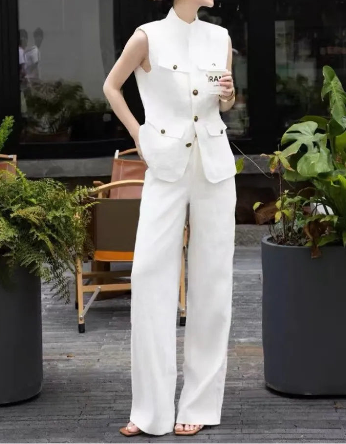 Summer Womens Sleeveless Linen Sets Stand Collar Fashion Office Lady Two Piece Vest Set Thin Full Length Wide Leg Pant Outfits