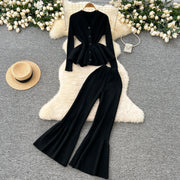 Fashion Luxury Women Sweater Suits Ruffles Slim Knitted Blouse + Elastic Long Flare Pant Two Piece Sets High Quality