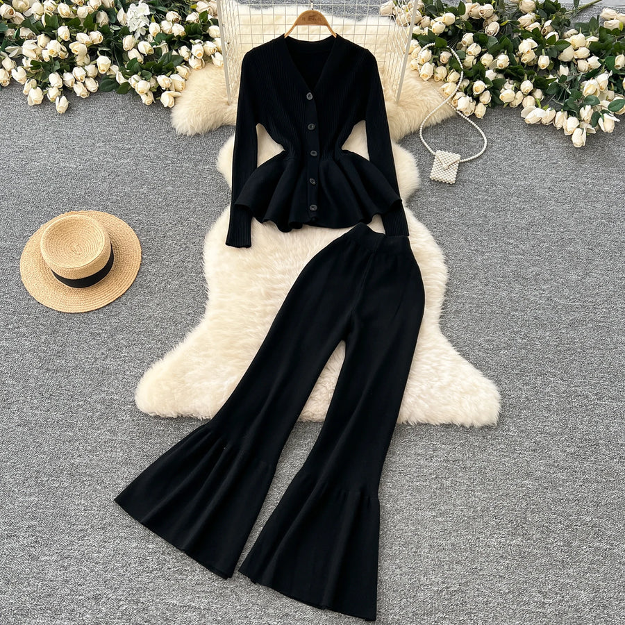 Fashion Luxury Women Sweater Suits Ruffles Slim Knitted Blouse + Elastic Long Flare Pant Two Piece Sets High Quality