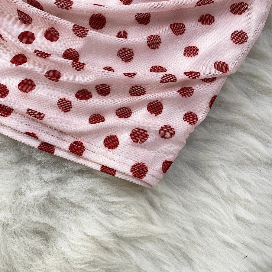 Elegant Sexy Lace Trim Knot V-Neck Halter Woman Dress Summer Ruffle Mesh Polka Dot Mini Woman Party Club Daily Streeywear Dress
