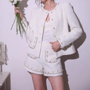 New Elegant Work Ladies Pearl O-Neck Short Jacket Outfits Autumn Winter Party Coat Two-Piece Set Above Knee Length Shorts Sets