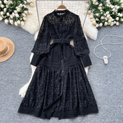 Elegant round neck fitted long dress, vintage style, long lantern sleeves, embroidery, single breasted, French evening style