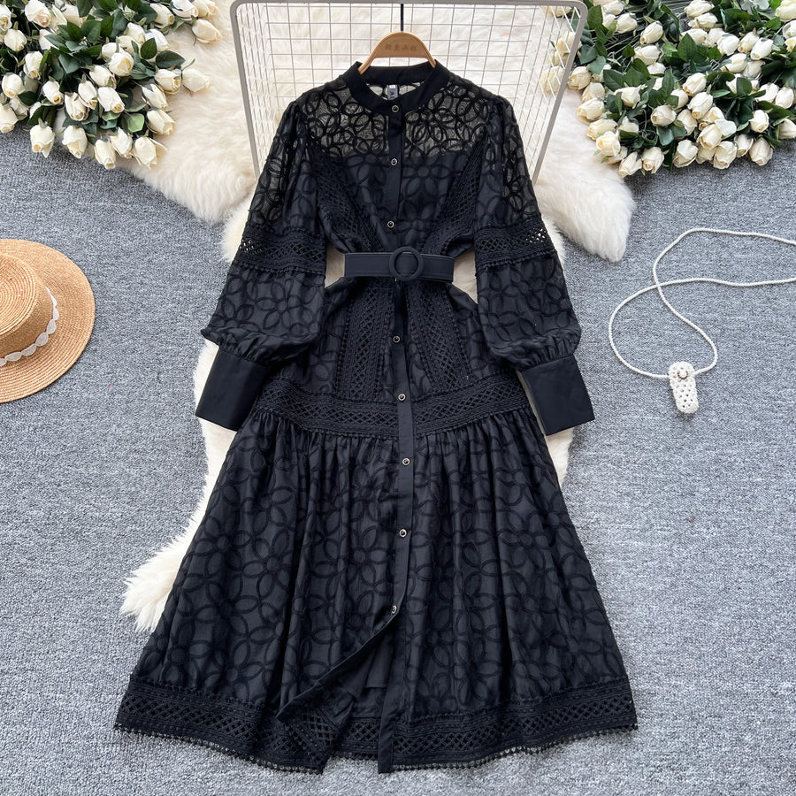 Elegant round neck fitted long dress, vintage style, long lantern sleeves, embroidery, single breasted, French evening style
