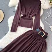 Women Elegant Office Two Piece Sets Autumn Winter Long Sleeved Standing Neck Sweater Top High Waist Slim A-line Long Skirt Suits