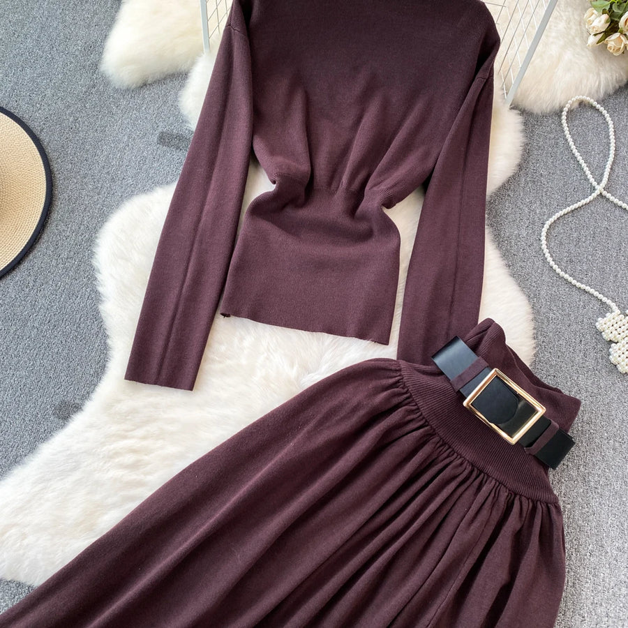 Women Elegant Office Two Piece Sets Autumn Winter Long Sleeved Standing Neck Sweater Top High Waist Slim A-line Long Skirt Suits