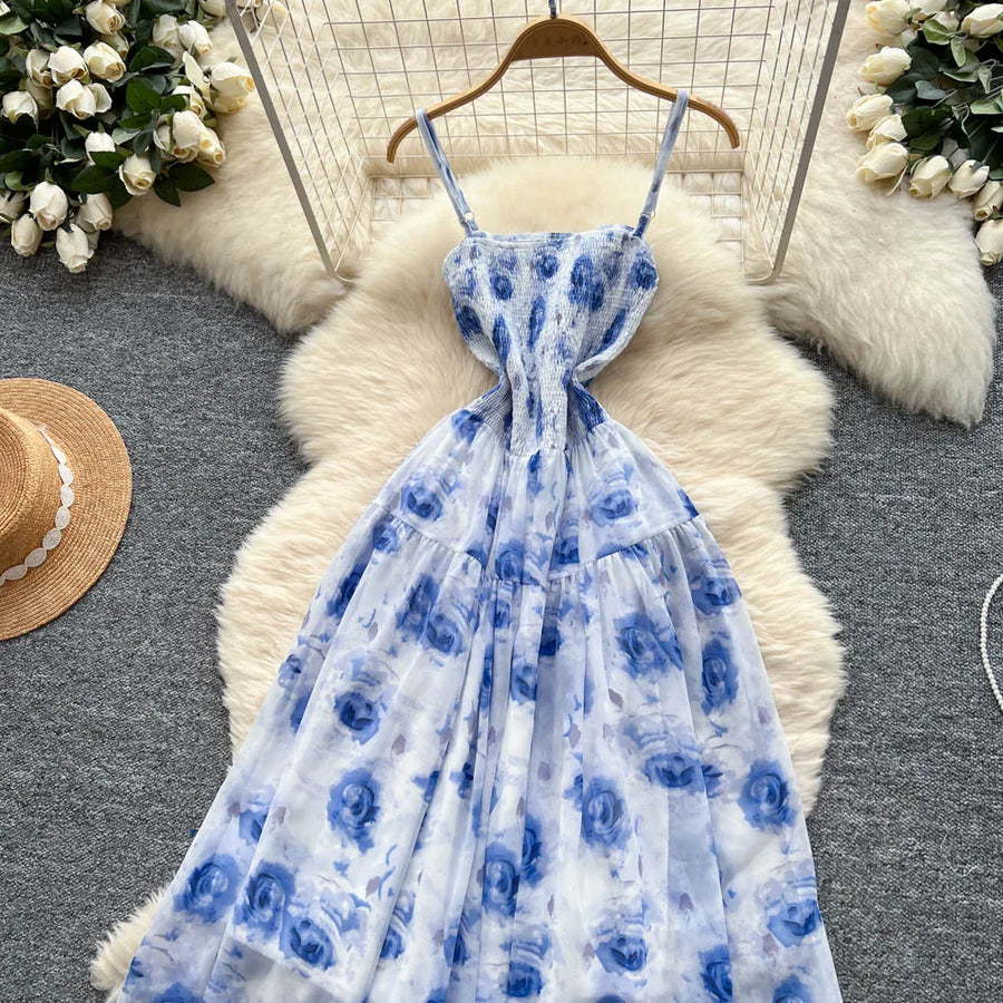 Women's long floral dress with thin straps, sleeveless, elastic, ruched with high-quality print