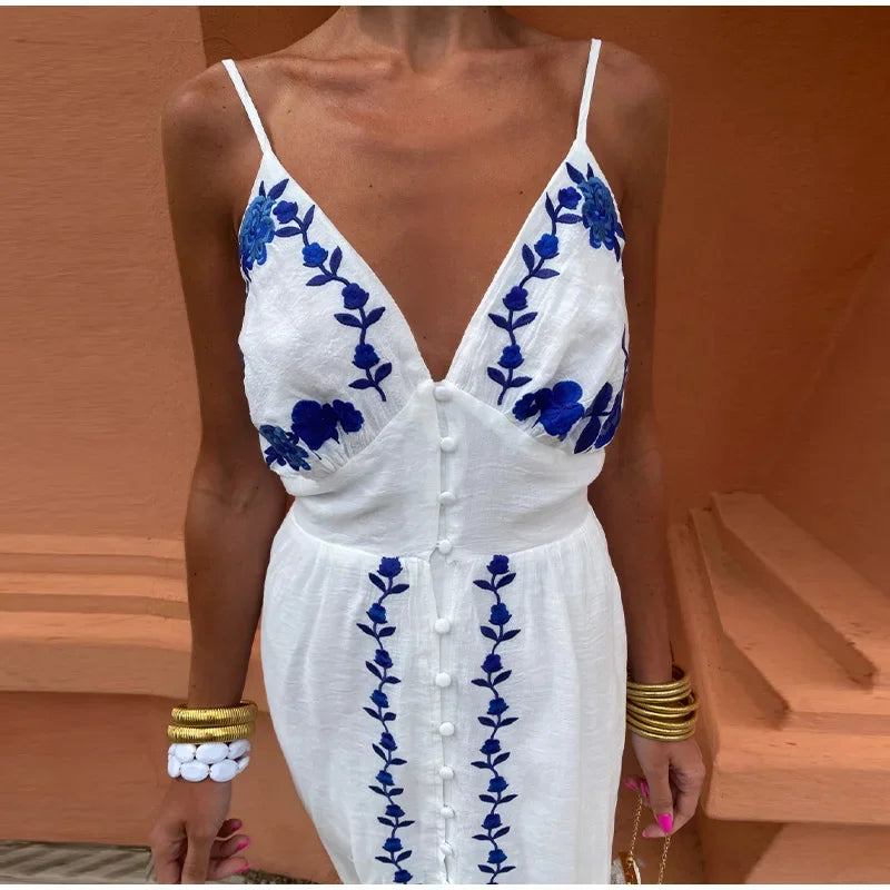 Women Sexy Flower Embroidered Split Sling Dress Chic Single Breasted Backless Sleeveless Long Dresses Lady Party Beach Robes