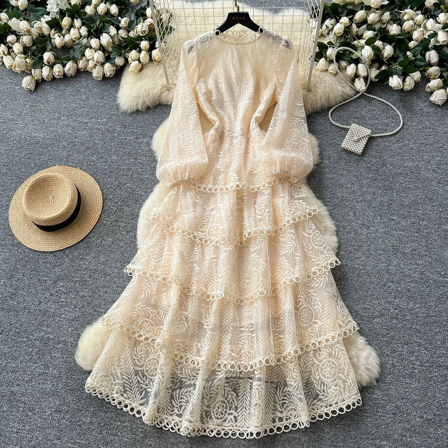 Cake Dress Women Long Dresses High Waist Vestidos Full Sleeve Elegant Splice Y2k Streetwear Work Party Night Ruffles High Waist
