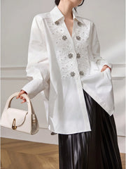 French Style Women White Shirt Heavy Beaded Embroidery Turn Down Collar Loose Casual Office Blouse Elegant Top