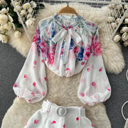 Two Piece Set Flower Print Lantern Sleeve Shirt Bow Neck Top + Belted Shorts High Quality