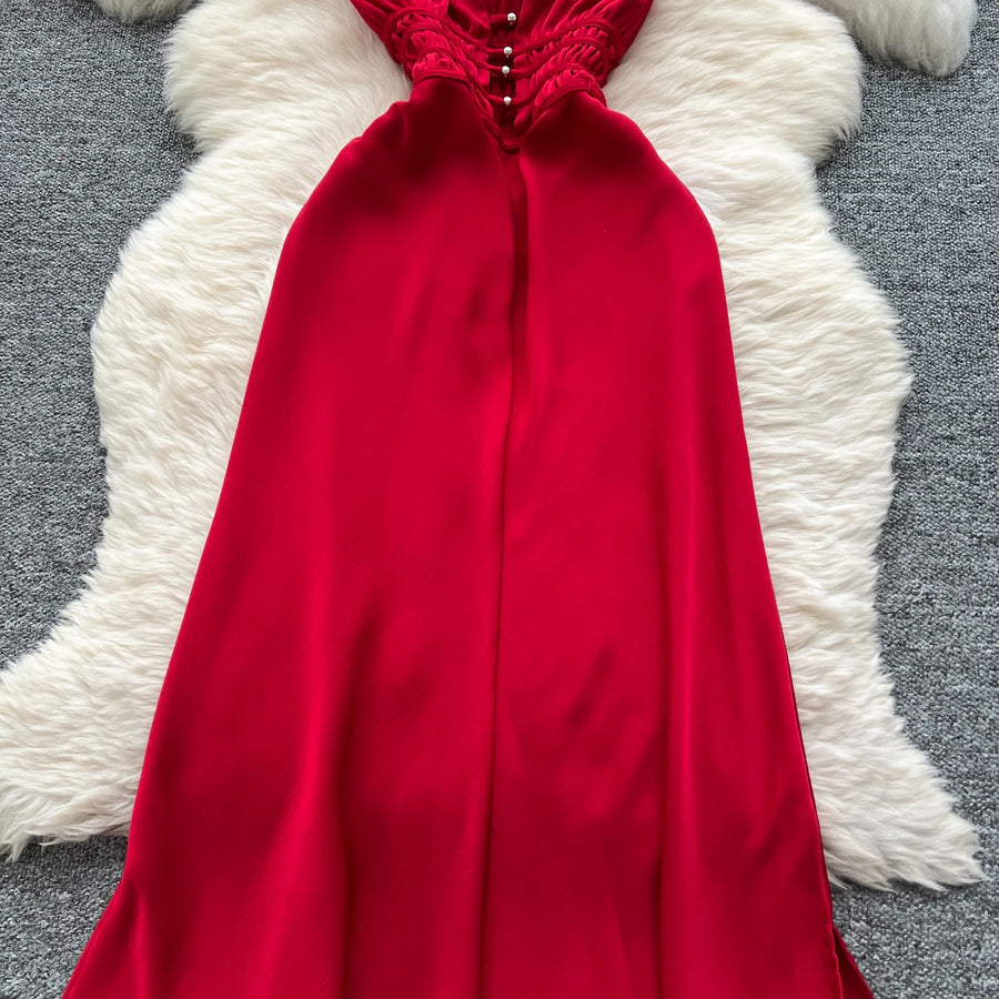 Elegant Satin V-neck Chic Straps Sexy Sleeveless Hotsweet Slim Slip Long Dresses Vintage High Street Women Clothing