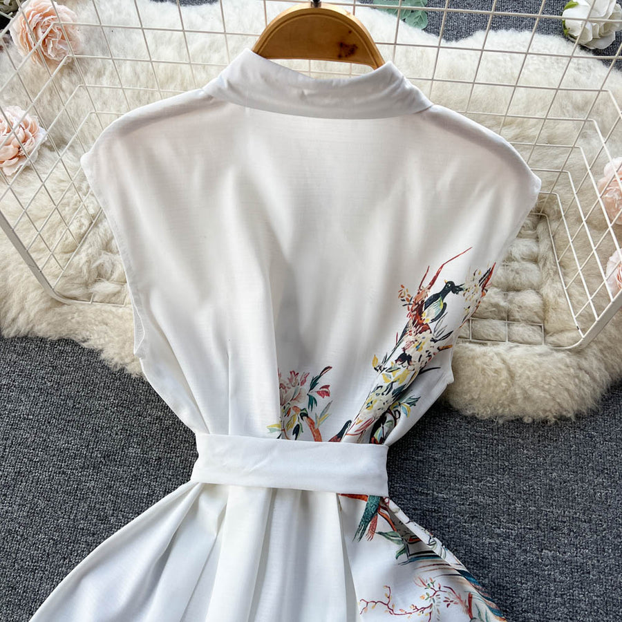 High Quality Bow Flower Print Sleeveless White Shirt Dress