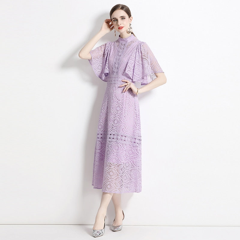 High Quality Long Purple Lantern Sleeve Elegant Lace Dress