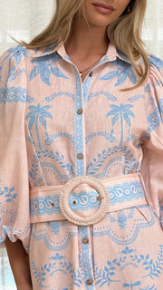 Women Shirt Collar Vintage Floral Print Puff Sleeve Single Breasted Spring Summer Long A Line Cotton Linen Dress