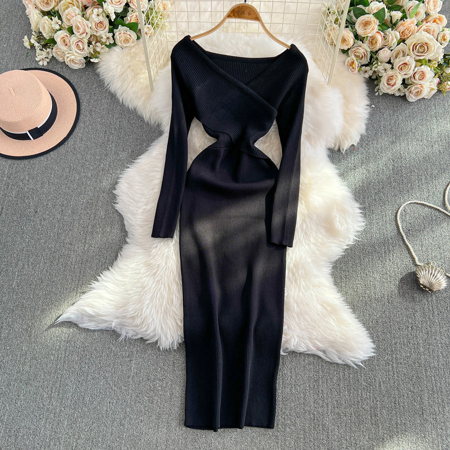 Women's Wrapped Hip Bodycon Waist Show Thin Long Sleeve V-Neck Bottom Dress
