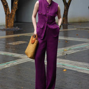 Summer Womens Sleeveless Linen Sets Stand Collar Fashion Office Lady Two Piece Vest Set Thin Full Length Wide Leg Pant Outfits