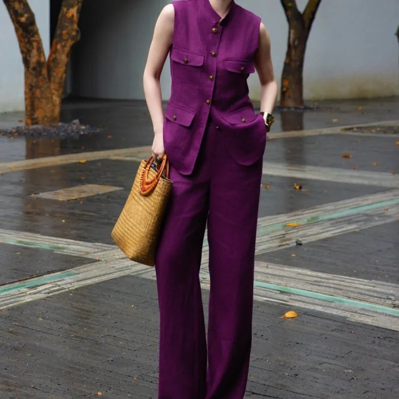 Summer Womens Sleeveless Linen Sets Stand Collar Fashion Office Lady Two Piece Vest Set Thin Full Length Wide Leg Pant Outfits
