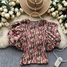 ruffle blouse  Floral Print Round Neck Elegant High Quality Elastic Waist