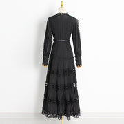 High Quality Stand Collar Long Sleeve Hole Embroidered Dress