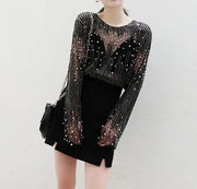 High Quality Round Neck Beaded Sexy Perspective Mesh Spliced T-shirts