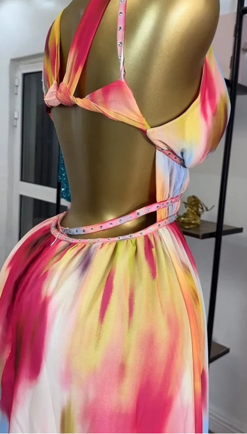 Women Tie Dye Print Diamonds Hot Rhinestones Strap A-line Midi Maxi Long Dress  Beach Holiday Party Birthday Dresses