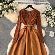 High Quality Vintage Elegant Fleece Lace Stitching Satin Belted V Neck Long Dress