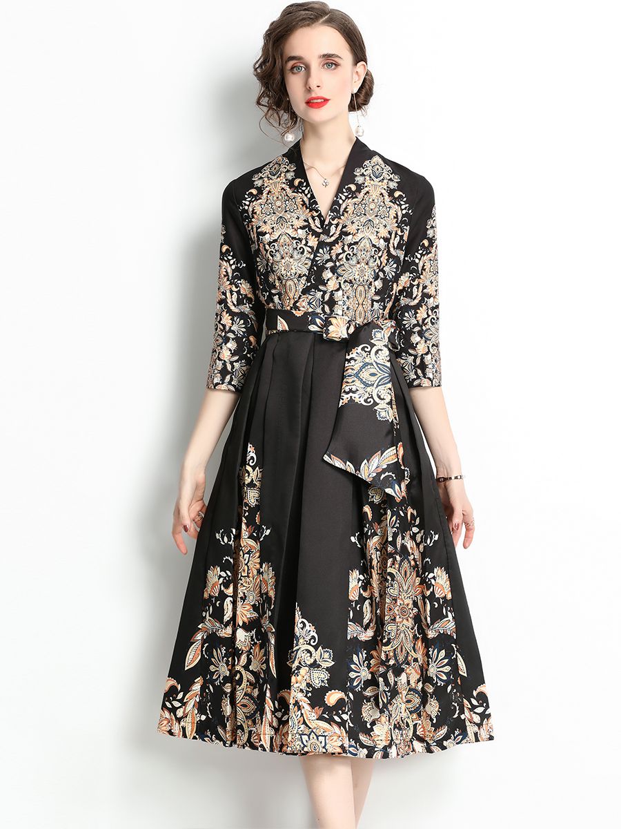 High Quality Three Quarter Sleeve V Neck Long Sleeve Flower Print Satin Dress