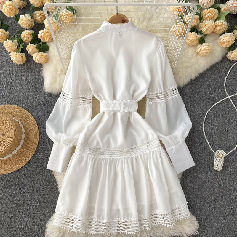 High Quality Stand Collar Puff Long Sleeve Button A Line Short Dress